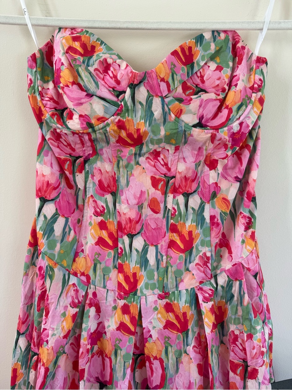 Lulu's Pink Floral Midi Dress with Green Accents and Red Highlights - Picture 2 of 3